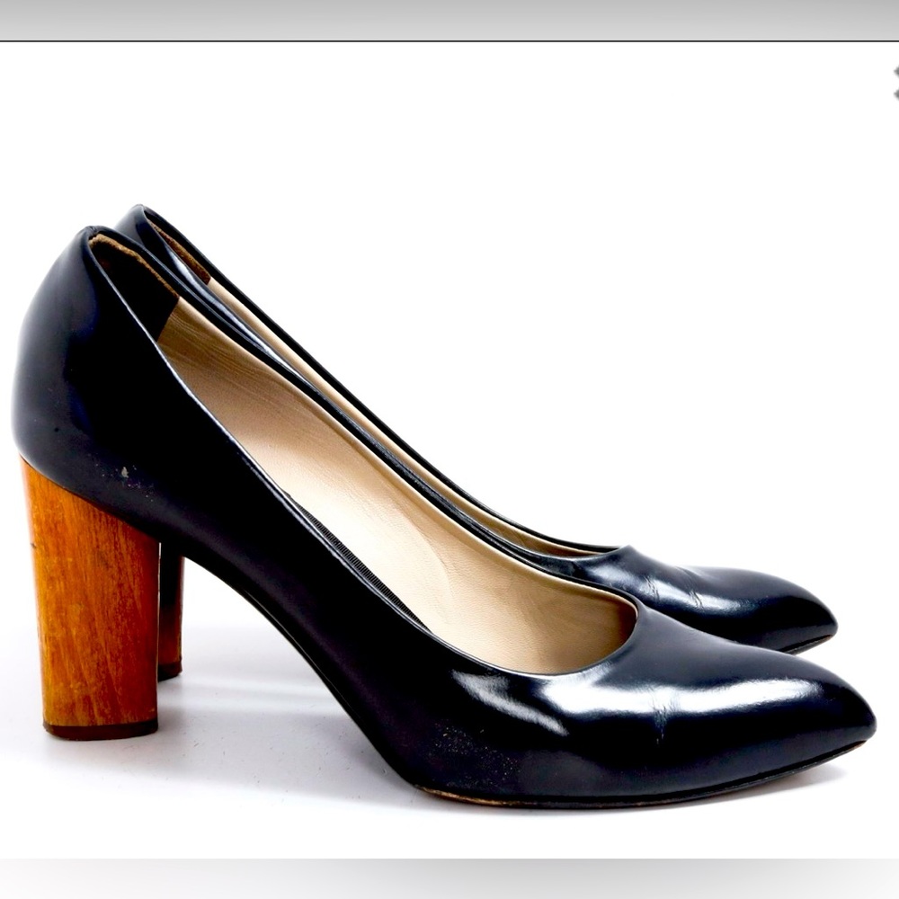 YSL YVES SAINT LAURENT Black Leather Wooden Chunky Heels Size 38